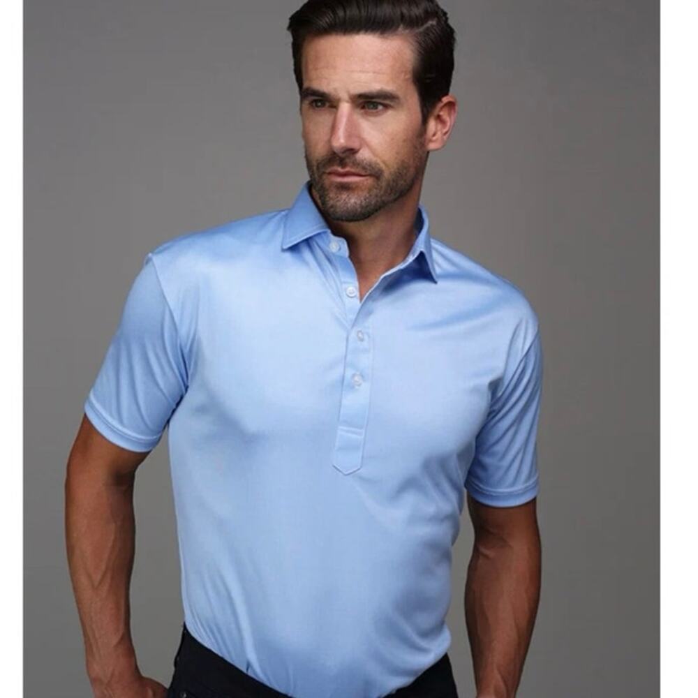 Collars & Co Semi Spread Collar Polo in Light Blue Herringbone Size Large